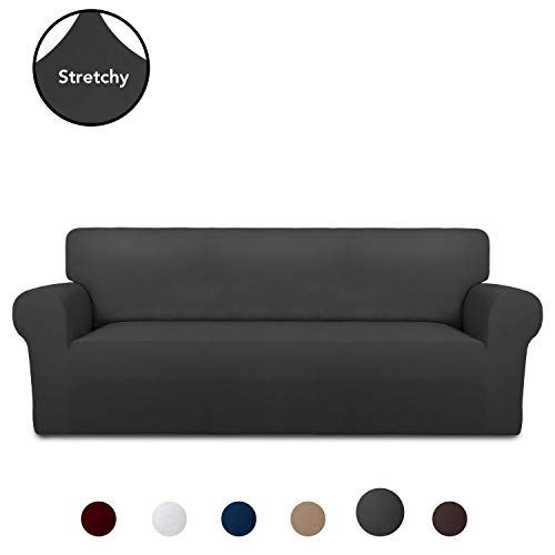 Product Cover PureFit Super Stretch Chair Sofa Slipcover - Spandex Non Slip Soft Couch Sofa Cover, Washable Furniture Protector with Non Skid Foam and Elastic Bottom for Kids, Pets （Oversized Sofa， Dark Gray）