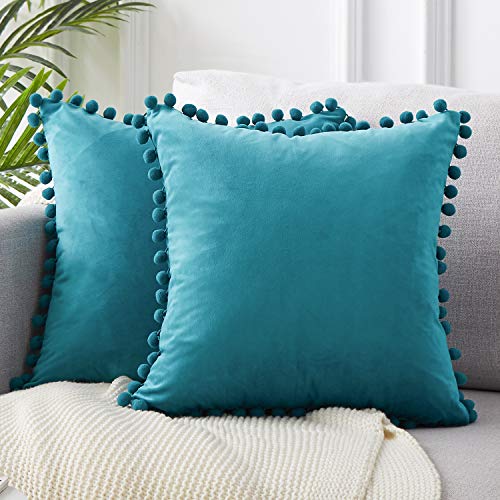 Product Cover Top Finel Decorative Euro Throw Pillow Covers 26 x 26 Inch Soft Particles Velvet Solid Cushion Covers with Pom-poms for Couch Bedroom Car 65 x 65 cm, Pack of 2, Teal Blue