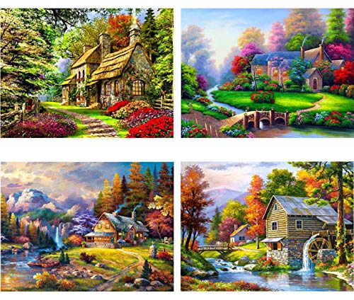 Product Cover OurSuperDeals 5D Full Drill Diamond House Painting Kits for Adults Landscape Village Arts Crafts Wall Decor 12x16inch 4 Sets (A Pack)