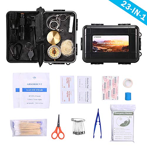 Product Cover TOMSHOO Survival Kit First Aid Kit 23 in 1 -Camping Survival Kit Emergency Survival Kit with Survival Bracelet, Fire Starter, Whistle, Wood Cutter 63PCS Included