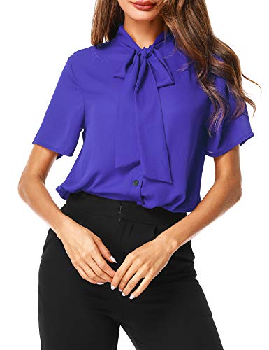 Product Cover UUANG Womens Bow Tie Neck Short Sleeve Casual Office Work Chiffon Blouse Shirts Tops Blue,S