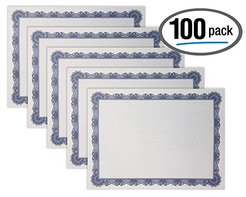 Product Cover 100 Sheet Certificate Paper, Blue Border, Letter Size Blank Paper, by Better Office Products, Specialty Award, Diploma Certificate Paper, Laser and Inkjet Printer Friendly, 8.5 x 11 Inches, 100 Count