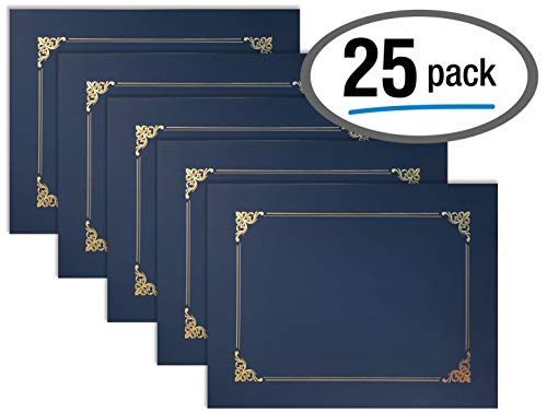 Product Cover 25 Pack Navy Blue Certificate Holders, Diploma Holders, Document Covers with Gold Foil Border, by Better Office Products, for Letter Size Paper, 25 Count, Blue
