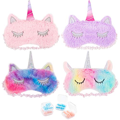 Product Cover Whaline 4 Pieces Unicorn Sleeping Mask Eye Cover, Ice Cream Color Soft Plush Blindfold Cute Horn Eyeshade for Women Kids Girls Home Travel Sleeping (with 4 Pairs Ear Plugs)