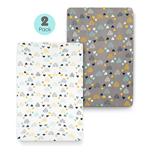 Product Cover COSMOPLUS Stretch Fitted Pack n Play Playard Sheets - 2 Pack for Mini Crib Sheet Set,Pack n Play Mattress Cover, Ultra Stretchy Soft,Heart Pattern