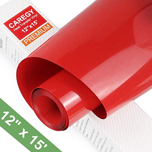 Product Cover HTV Iron on Vinyl 12inch x15 Feet Roll by CAREGY Easy to Cut & Weed Iron on Heat Transfer Vinyl DIY Heat Press Design for T-Shirts Glossy Red