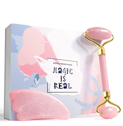 Product Cover Rose Quartz Roller Gua Sha Set for Beautiful Skin Detox - Beauty Skin Massager Tool - Original Natural Jade Stone (Quartz)