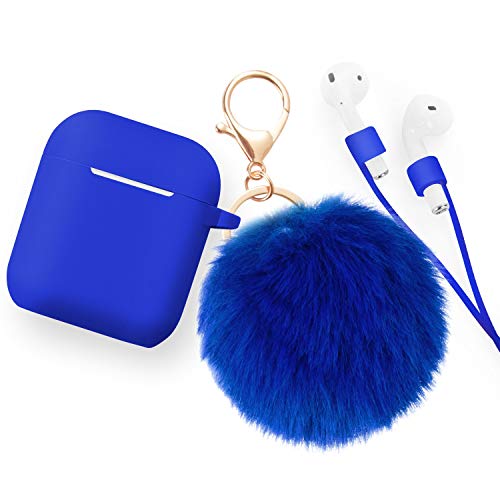 Product Cover Airpods Case - Bluewind Drop Proof Air Pods Protective Case Cover Silicone Skin, with Cute Fur Ball Airpods Keychain/Strap, Portable Apple Airpods Accessories (Royal Blue)