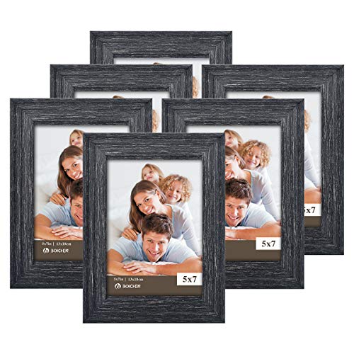 Product Cover BOICHEN 5X7 Picture Frames 6 Pack Rustic Style Wood Pattern High Definition Glass for Tabletop Display and Wall Mounting Photo Frame Black Wood