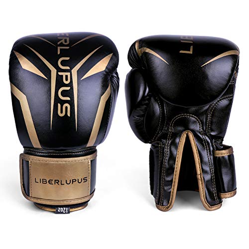 Product Cover Liberlupus Cool Style Boxing Gloves for Men & Women, Boxing Training Gloves, Kickboxing Gloves, Sparring Gloves, Heavy Bag Gloves for Boxing, Kickboxing, Muay Thai, MMA(Black & Golden, 10 oz)