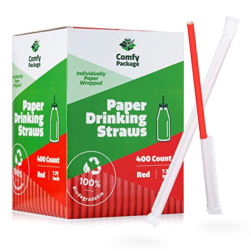 Product Cover [400 Pack] Paper Drinking Straws - Individually Paper Wrapped - 100% Biodegradable - Red