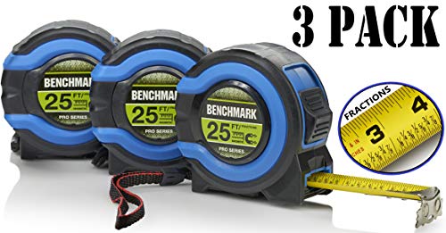 Product Cover 3 Pack - 25 FT - Benchmark Tape Measure / Measuring Tape - Easy to Read Fractions - Large Magnetic Claw Tip - Bulk Pack