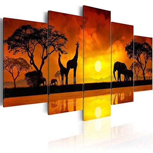 Product Cover Konda Art 5 Piece Giraffe Canvas Wall Art African Landscape Sunset Tree Print Painting Home Decor Modern Animal Elephant Artwork for Living Room Framed and Ready to Hang (Savanna - Sunset, 40