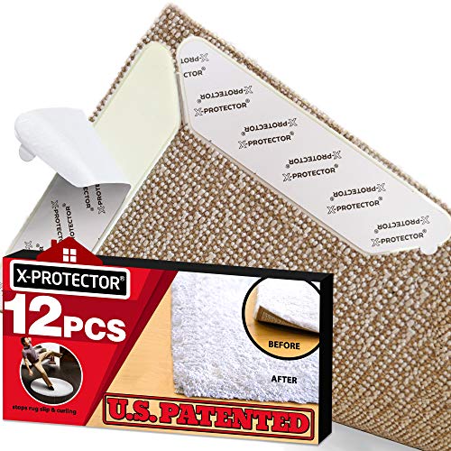 Product Cover Rug Grippers X-PROTECTOR - Best 12 pcs Anti Curling Rug Gripper. Keeps Your Rug in Place & Makes Corners Flat. Premium Carpet Gripper with Renewable Gripper Tape -Ideal Anti Slip Rug Pad for Your Rugs