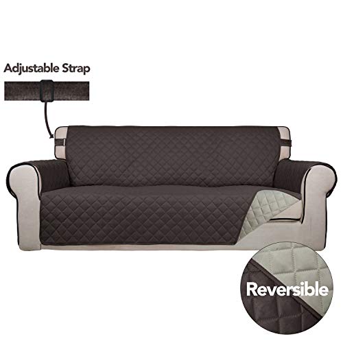 Product Cover PureFit Reversible Quilted Sofa Cover, Water Resistant Slipcover Furniture Protector, Washable Couch Cover with Non Slip Foam and Adjustable Strap for Kids, Pets (OversizedSofa, Chocolate/Beige)