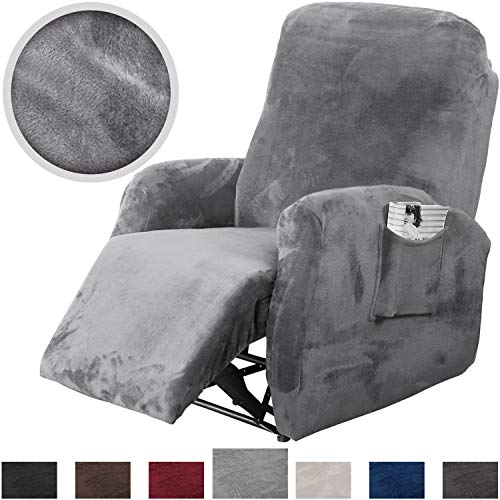 Product Cover Rose Home Fashion RHF 4 Separate Piece Velvet Recliner Slipcovers, Recliner Chair Cover, Recliner Cover Furniture Protector Elastic Bottom, Recliner Slipcover with Side Pocket (Grey-Recliner)