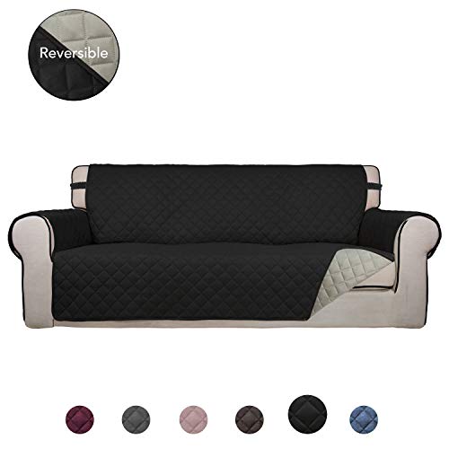 Product Cover PureFit Reversible Quilted Sofa Cover, Water Resistant Slipcover Furniture Protector, Washable Couch Cover with Non Slip Foam and Elastic Straps for Kids, Dogs, Pets (Sofa, Black/Beige)