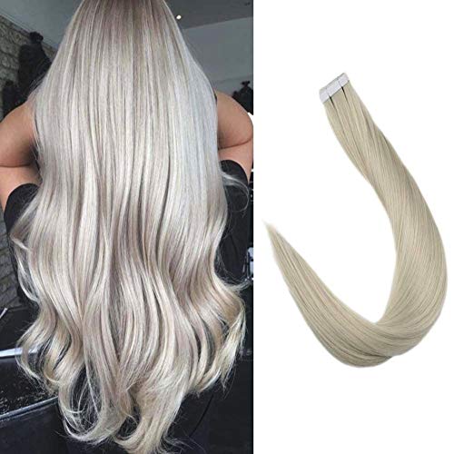 Product Cover Full Shine Sikly Straight Hair 18 Inch 20 Pcs 50 Grams Per Pack Tape Ins Color #1000 Light White Blonde Adhisive Tape In Hair Extensions 100% Remy Comfortable Soft Tape In Solid Color Brazilian Hair