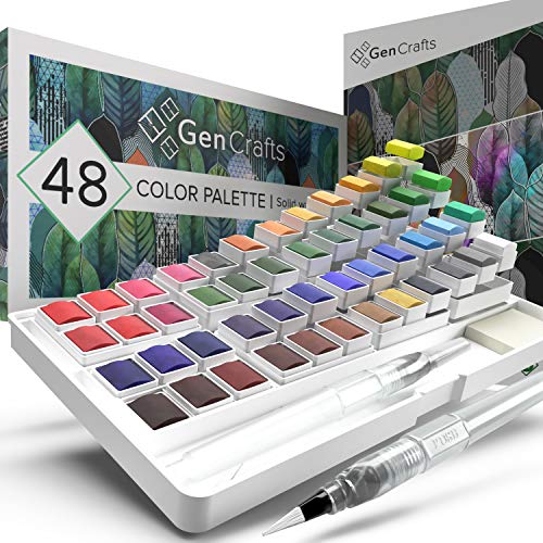 Product Cover Watercolor Palette with Bonus Paper Pad by GenCrafts - Includes 48 Premium Colors - 2 Refillable Water Blending Brush Pens - No Mess Storage Case - 15 Sheets of Water Color Paper - Portable Painting
