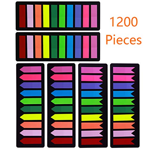 Product Cover 1200 Pieces Page Markers Sticky Index Tabs, Arrow Flag Tabs Colored Sticky Notes for Page Marker Bookmarks [10 Primary Colors, 3 Designs] Sticks Securely, Removes Cleanly