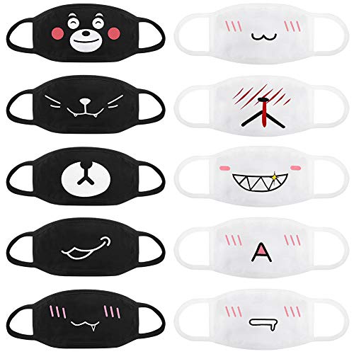 Product Cover Accmor Fashion Anime Mouth Mask, 10 Pack Cute Unisex Anti-Dust Face Mouth Kawaii Muffle Mask for Kids Teens Men Women, Windproof Motorcycle Face Emoticon Masks for Ski Cycling Camping(Black+ White)