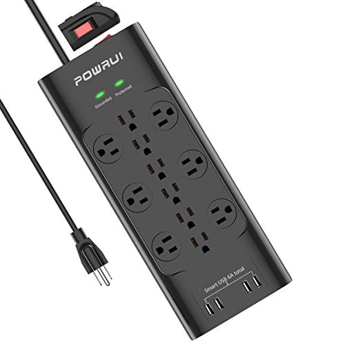 Product Cover Surge Protector(4000 Joules), POWRUI Power Strip with 12-Outlet and 4 USB Ports(5V/6A, 30W) and 6-Foot(1875W/15A) Heavy Duty Extension Cord, ETL Listed, Black
