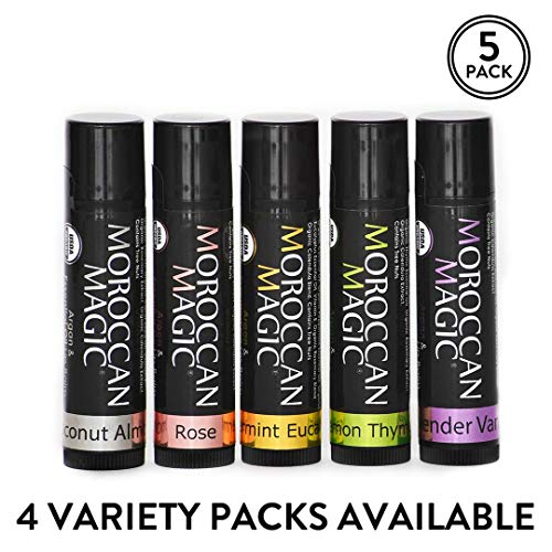 Product Cover Moroccan Magic Organic Lip Balm 5 Piece Variety Pack Gift Set | Organic Argan and Essential Oils | Smooth | Natural | Non-Toxic | Cruelty Free | 5 Pack
