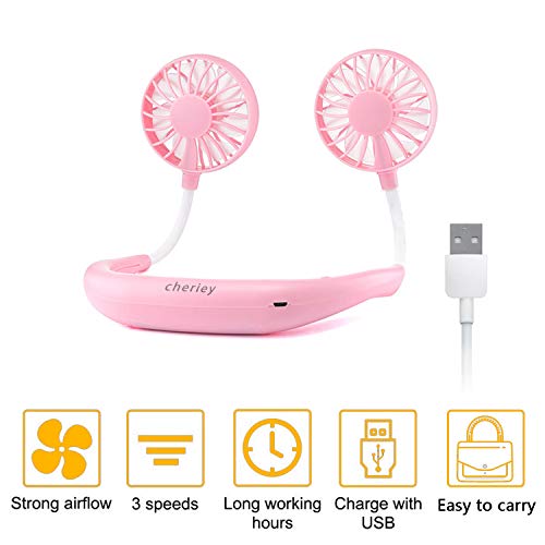 Product Cover Hand Free Personal Fan, CHERIEY Neckband Fan Portable Mini Double Fans with USB Rechargeable, 3 Speeds Adjustable Wearable Fan for Home Office Travel Indoor Outdoor Activities