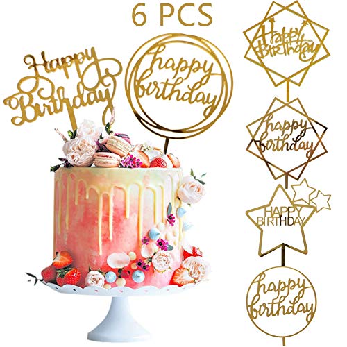Product Cover Efive Arts 6 Pcs Acrylic Gold Happy Birthday Cupcake Topper,Glitter Cake Topper for Birthday Themed Party, Birthday Decorations for Children or Adults.