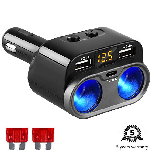 Product Cover Sunjoyco 2-Socket Cigarette Lighter Splitter Adapter Type C Car Charger, Multi Power Outlet 12V/24V 80W DC with 4.8A Dual USB Port + Voltage Display +On/Off Switch for iPhone iPad Samsung GPS Dash Cam