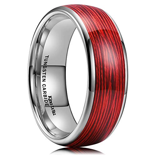 Product Cover King Will Mens 8mm Tungsten Carbide Wedding Ring Red/Sliver/Olive Green Steel Wire Inlay Domed Style High Polished