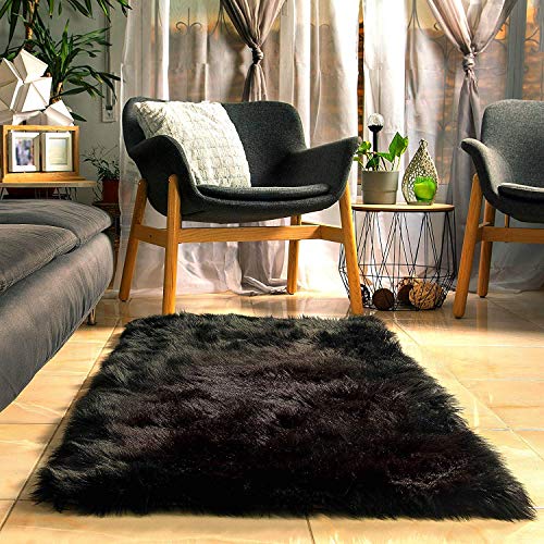 Product Cover Fluffy Faux Black Fur Rug with Soft Thick Padding and Anti Slip Backing (5 x 2.3 feet), Plush Fuzzy Bedside Area Black Rugs for Bedroom Rug, Furry Black Area shag Rug Black Carpet by shuna creations
