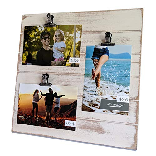 Product Cover Modicum | Shiplap Photo Display Board - Picture Frame with Clips for 3 Photos (Three 4x6 or Two 4x6 with One 5x7), Easy Quick Change Photo Collage, Hang on Wall or Stand on Tabletop (Rustic White)