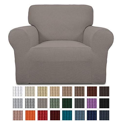Product Cover Easy-Going Stretch Chair Sofa Slipcover 1-Piece Couch Sofa Cover Furniture Protector Soft with Elastic Bottom for Kids. Spandex Jacquard Fabric Small Checks(Chair,Taupe)