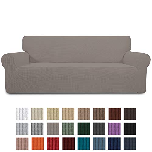Product Cover Easy-Going Stretch Sofa Slipcover 1-Piece Sofa Cover Furniture Protector Couch Soft with Elastic Bottom for Kids Spandex Jacquard Fabric Small Checks(Sofa,Taupe)