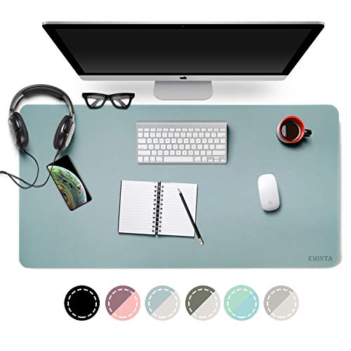 Product Cover Dual-Sided Desk Pad Office Desk Mat, EMINTA Ultra Thin Waterproof PU Leather Mouse Pad Desk Blotter Protector, Desk Writing Mat for Office/Home (Light Blue/Silver, 31.5