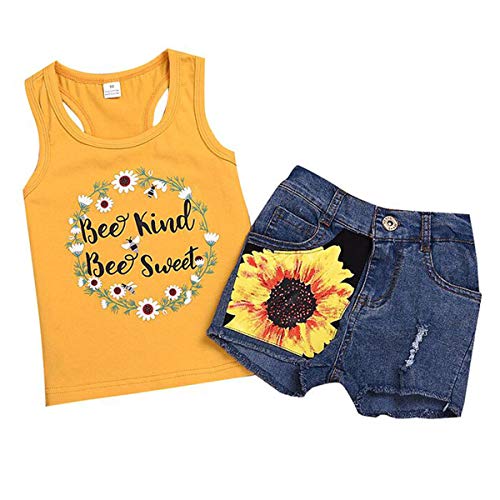 Product Cover 2pcs/Set Toddler Kids Baby Girl Sleeveless Floral T-Shirt Top Sunflower Denim Jeans Shorts Outfits 1-8T
