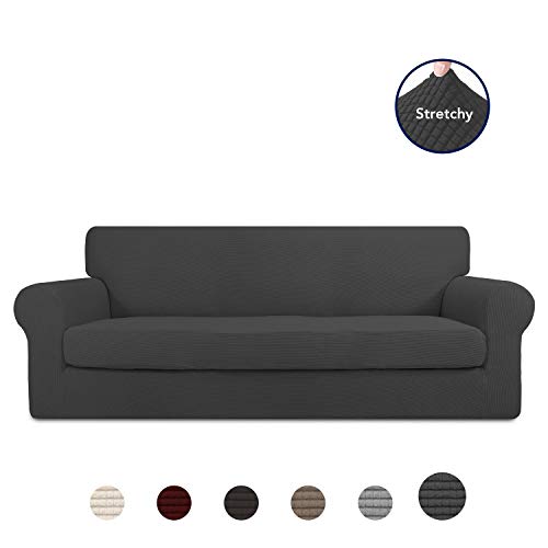 Product Cover PureFit 2 Pieces Stretch Slipcover for 3 Cushion Couch - Spandex Jacquard Non-Slip Soft Fitted Sofa Couch Cover, Washable Furniture Protector with Non Skid Elastic Bottom for Kids (Sofa, Dark Gray)