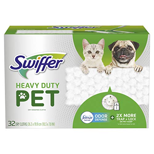 Product Cover Swiffer Sweeper Pet, Heavy Duty Dry Sweeping Cloth Refills with Febreze Odor Defense, 32 Count