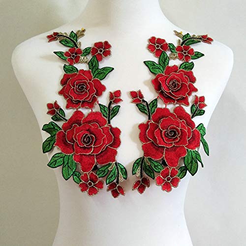 Product Cover 1 Pair Embroidery Rose Flower Sew On Patch Dress Hat Bag Jeans Applique Crafts Clothing Accessories DIY (red)