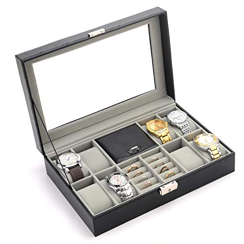 Product Cover PENGKE 8 Slots Watch Box,PU Leather Watch Organizer and Jewelry or Rings Display Case with Glass Lid, Black Pack of 1