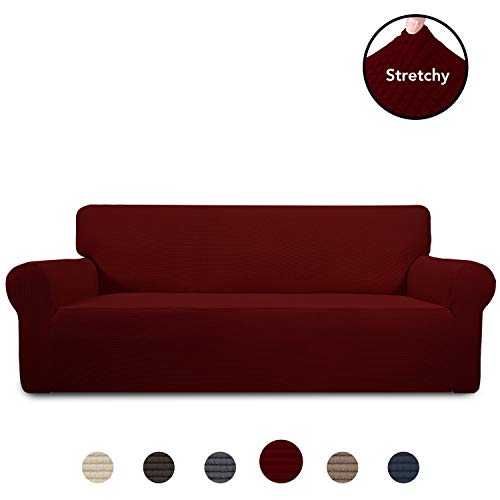 Product Cover PureFit Stretch Sofa Slipcover - Spandex Jacquard Non Slip Soft Couch Sofa Cover, Washable Furniture Protector with Non Skid Foam and Elastic Bottom for Kids (Sofa, Wine)