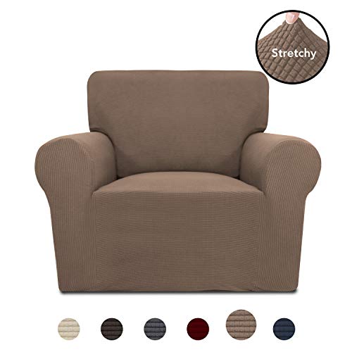 Product Cover PureFit Stretch Chair Sofa Slipcover - Spandex Jacquard Non Slip Soft Couch Sofa Cover, Washable Furniture Protector with Non Skid Foam and Elastic Bottom for Kids (Chair, Camel)