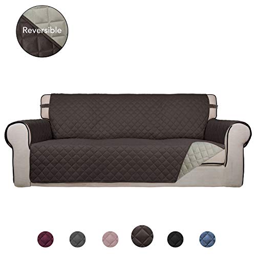 Product Cover PureFit Reversible Quilted Sofa Cover, Water Resistant Slipcover Furniture Protector, Washable Couch Cover with Non Slip Foam and Elastic Straps for Kids, Dogs, Pets (Sofa, Chocolate/Beige)