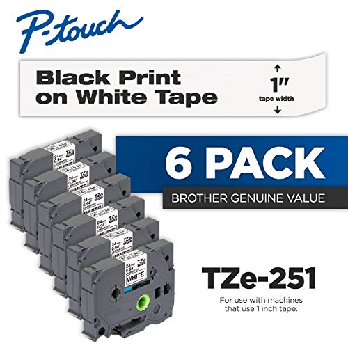 Product Cover Brother Genuine P-Touch 6-Pack TZe-251 Laminated Tape, Black Print on White Standard Adhesive Laminated Tape for P-Touch Label Makers, Each Roll is 0.94