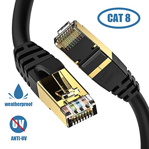 Product Cover Cat8 Ethernet Cable, Shielded for Outdoor&Indoor, 15FT Heavy Duty High Speed 26AWG Cat8 LAN Cable, Weatherproof, with Gold Plated RJ45 Connector, 40Gbps 2000Mhzfor Router/Gaming/Xbox/IP Cam/Modem ...