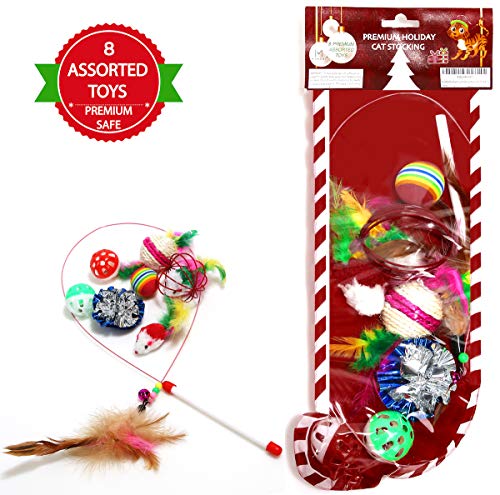 Product Cover MOMONI Premium 8 Piece Cat Christmas Stocking Set Cat Toys Assorted, Teaser Wand Mice Cat Balls and Bell Toys for Cats Kitty- Best Kitten Toys Christmas Toys for Cats