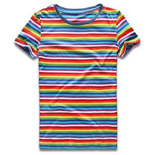Product Cover Rainbow T Shirt Women Striped Tee Crew Neck Short, Rainbow Striped, Size Small
