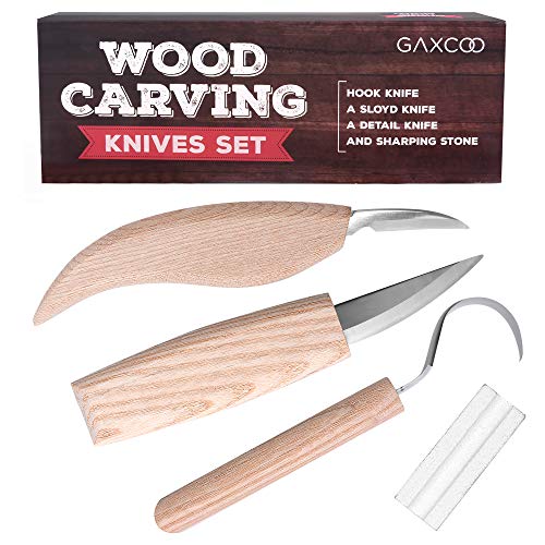 Product Cover Wood Carving Tools Kit | Sloyd, Hook, Detail Knives | Hardwood Handle Grips Carbide Blades, Bonus Sharpener Included All Inclusive 4 Piece Set