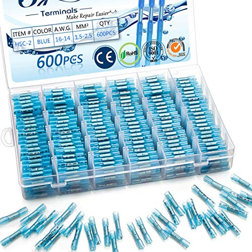 Product Cover 600PCS Heat Shrink Butt Connectors 16-14 AWG - Sopoby Waterproof Wire Connectors Electrical Connectors - Insulated Crimp Terminals Marine Automotive Butt Terminals (Blue)